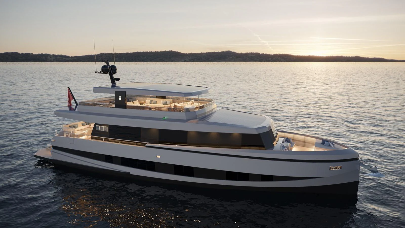 A sleek and modern yacht cruising on calm waters at sunset. aboard KINGSHIP KS88 Yacht for Sale