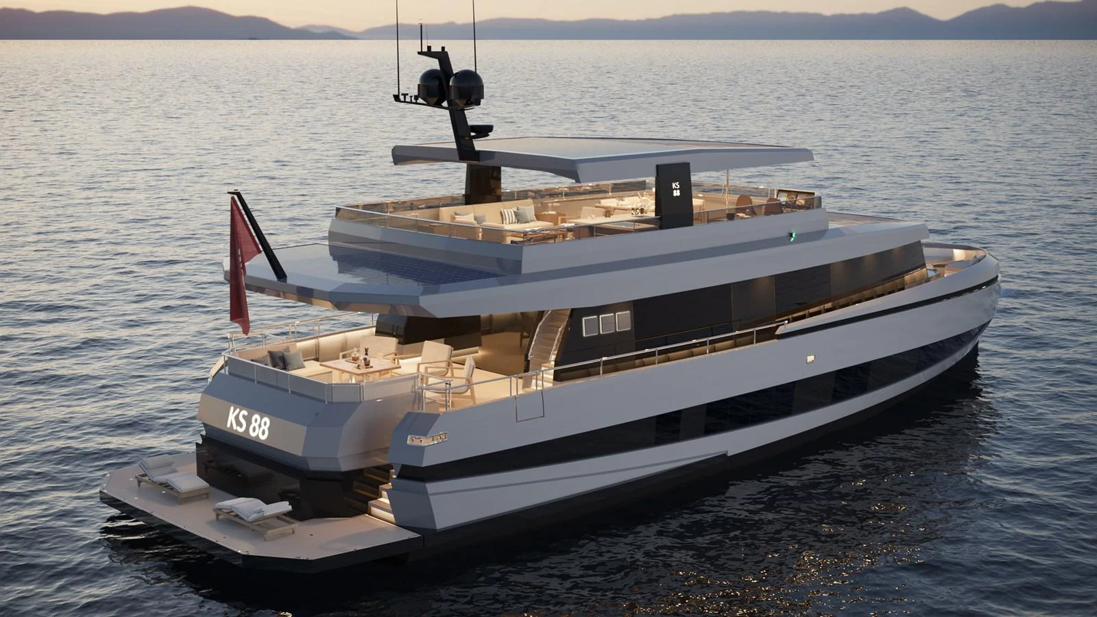 A sleek and modern yacht glides gracefully on calm waters at sunset. aboard KINGSHIP KS88 Yacht for Sale