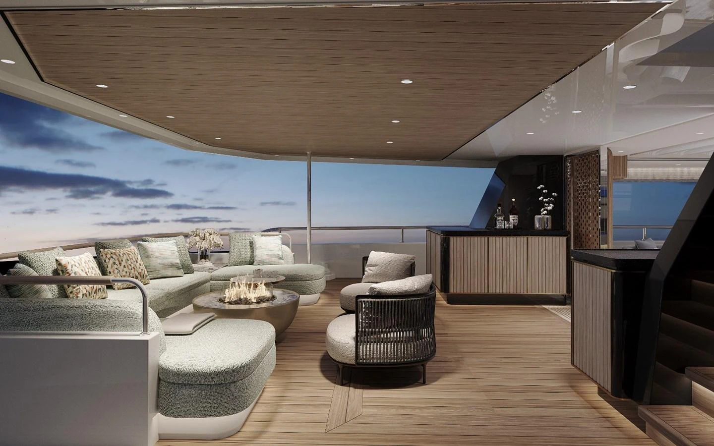 The aft deck offers a luxurious and comfortable seating area with a stunning view of the horizon. aboard KINGSHIP KS88 Yacht for Sale