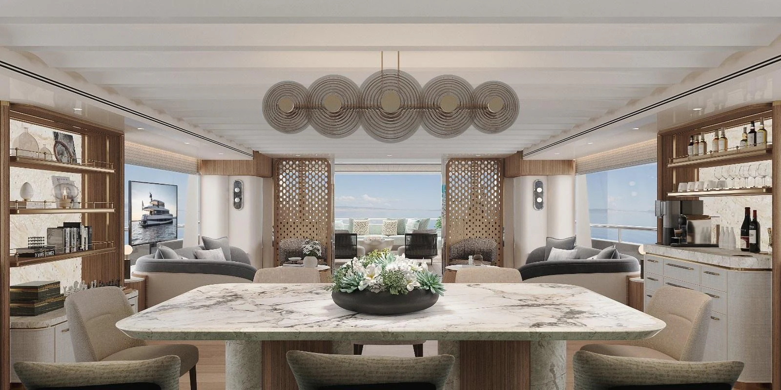 The yacht's salon features elegant decor with a spacious seating area and a sophisticated dining table. aboard KINGSHIP KS88 Yacht for Sale