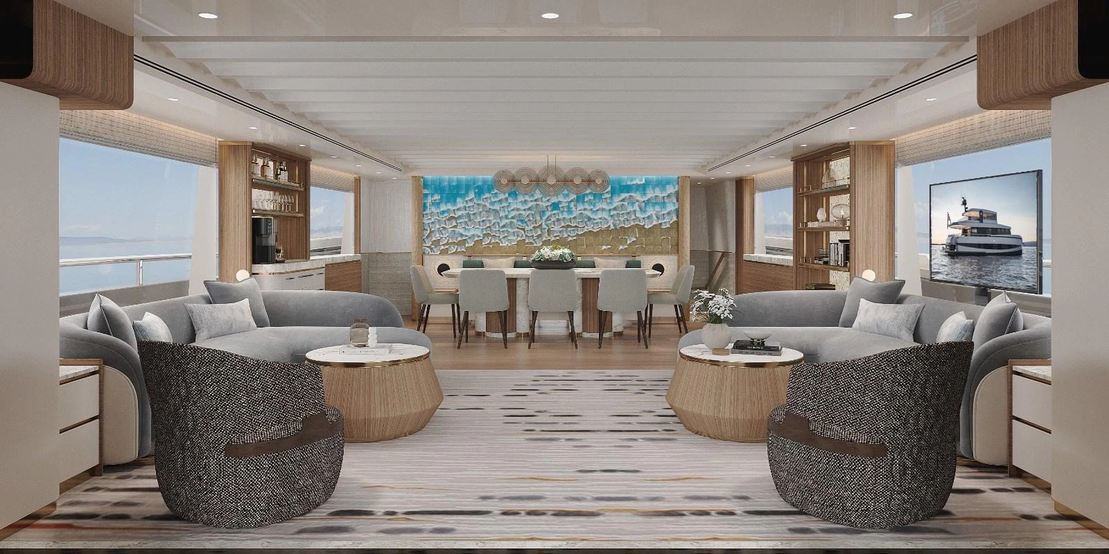 The yacht's salon features elegant seating and a sophisticated dining area with panoramic views. aboard KINGSHIP KS88 Yacht for Sale