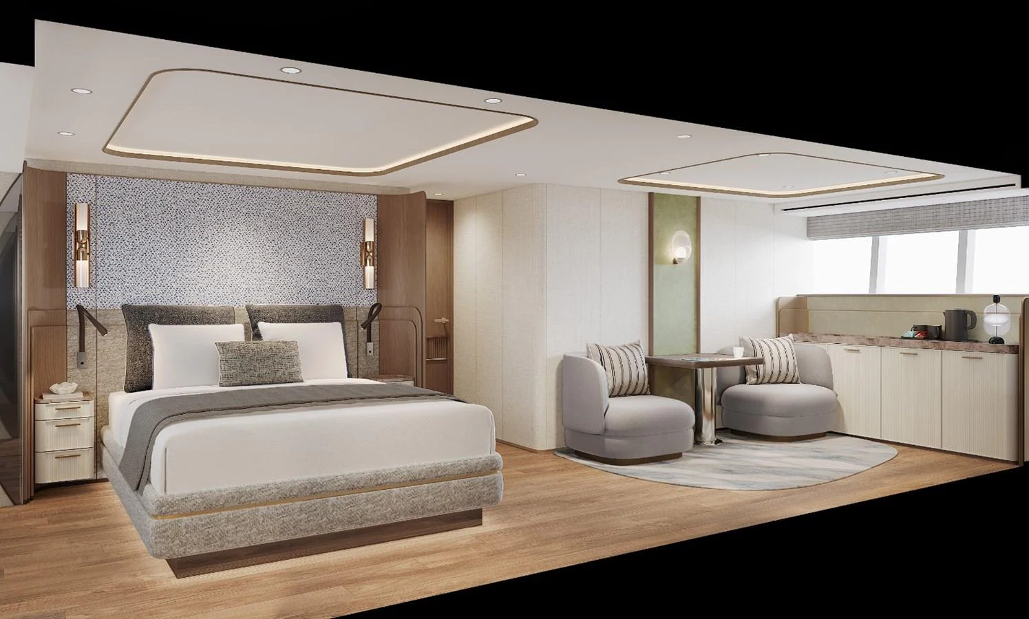 The master stateroom features a luxurious bed, cozy seating area, and elegant decor. aboard KINGSHIP KS88 Yacht for Sale