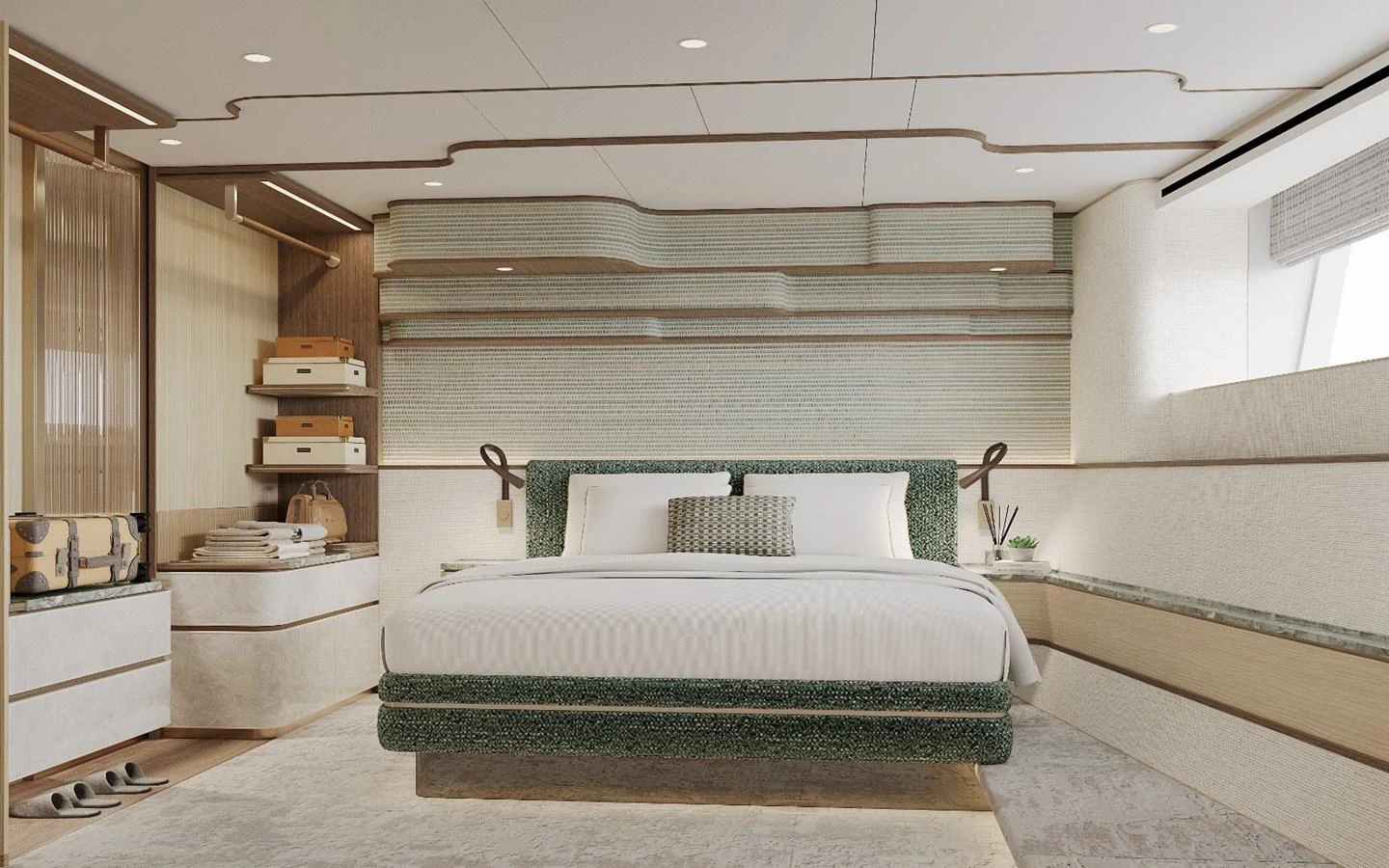 The master stateroom features a luxurious bed with elegant decor and ample storage space. aboard KINGSHIP KS88 Yacht for Sale