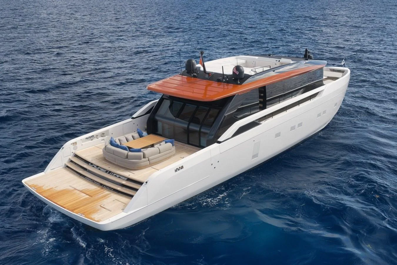 A sleek and modern yacht cruising on open waters, showcasing its spacious aft deck and stylish design. aboard LAUREN MARIE Yacht for Sale