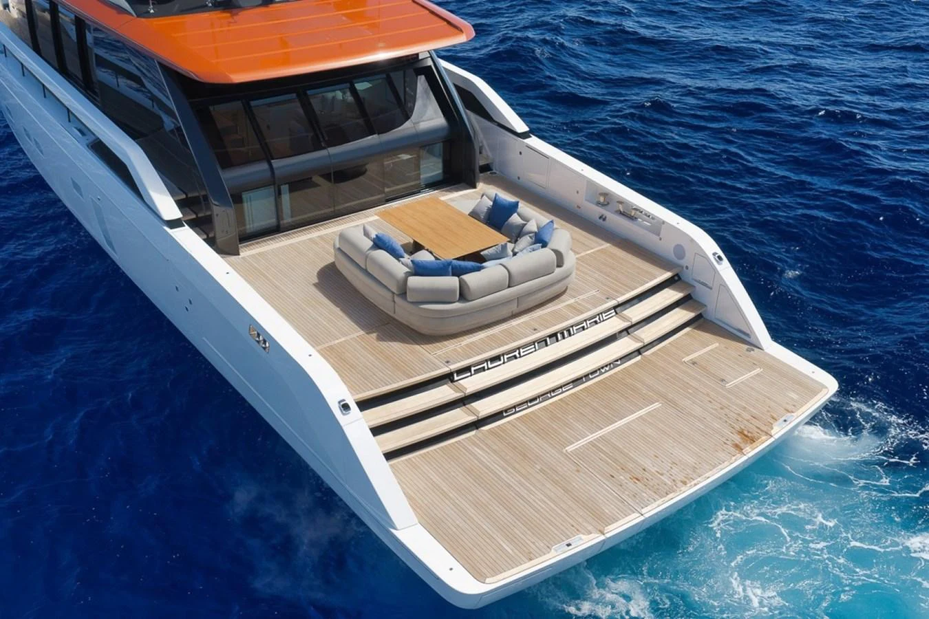 The yacht's aft deck features a spacious lounging area with plush seating, perfect for relaxation. aboard LAUREN MARIE Yacht for Sale