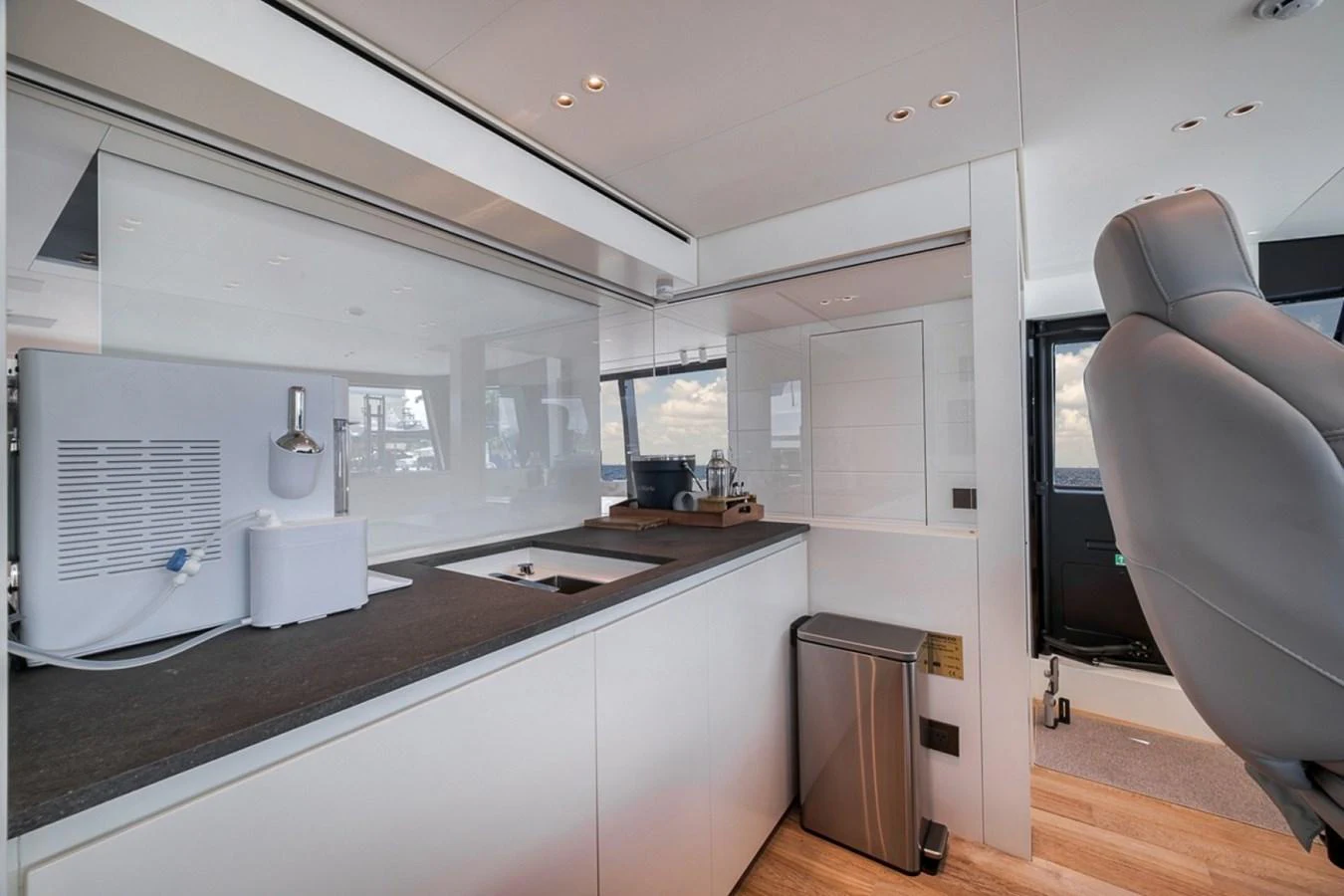The yacht's galley features modern appliances and sleek design for a luxurious culinary experience. aboard LAUREN MARIE Yacht for Sale