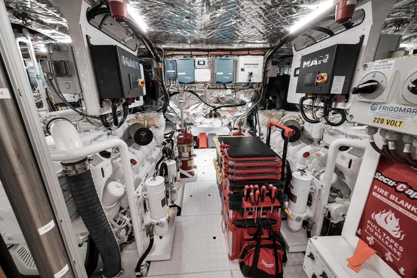 The engine room is equipped with advanced machinery and safety equipment, ensuring optimal performance and security. aboard LAUREN MARIE Yacht for Sale