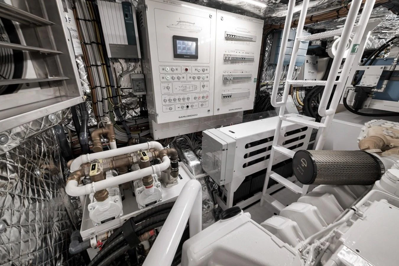The engine room showcases advanced machinery and control panels, ensuring optimal performance and safety. aboard LAUREN MARIE Yacht for Sale