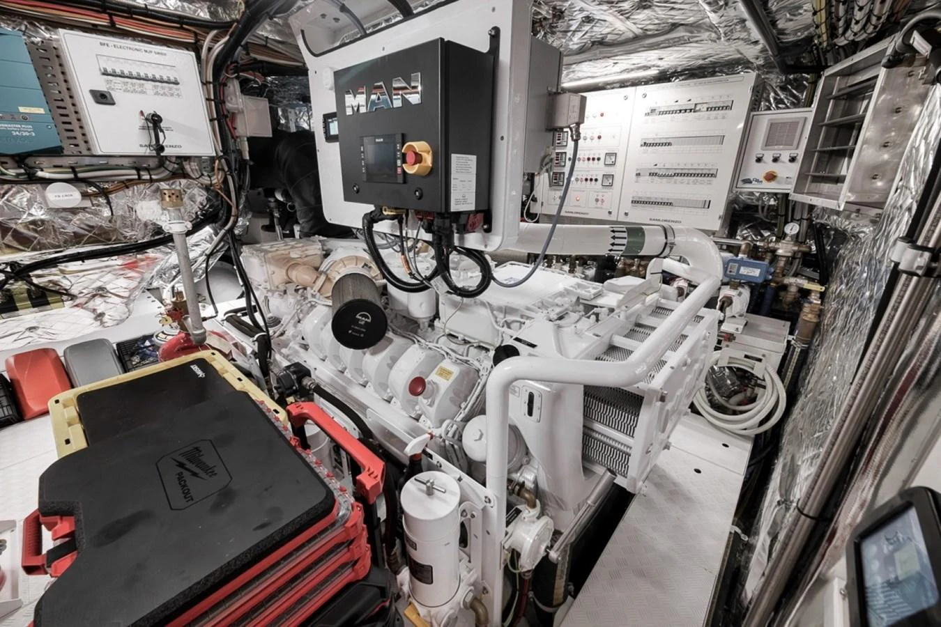The engine room showcases advanced machinery and meticulous organization. aboard LAUREN MARIE Yacht for Sale