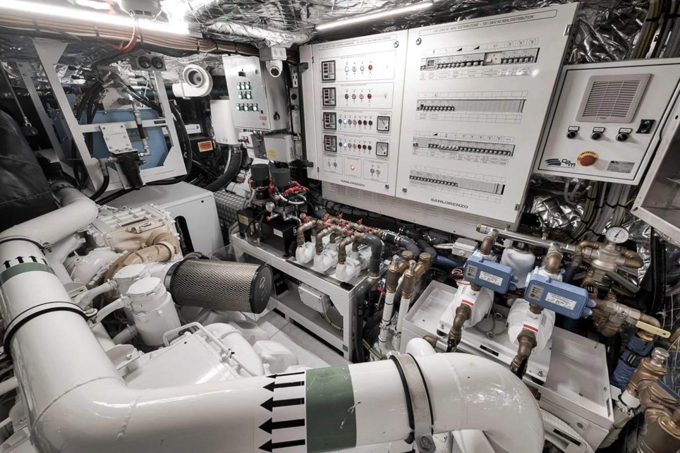The engine room showcases advanced machinery and control panels, ensuring optimal performance and safety. aboard LAUREN MARIE Yacht for Sale