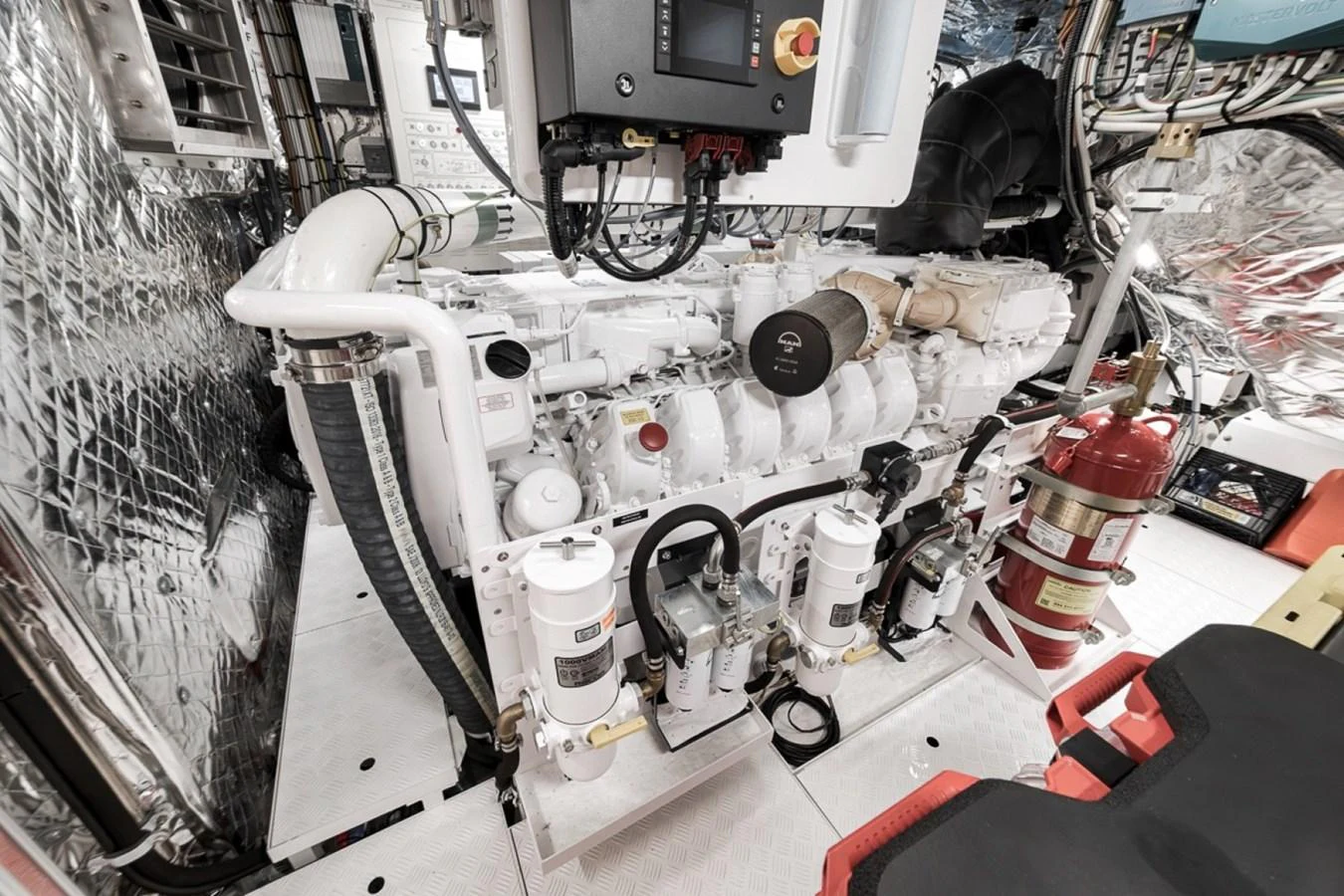 The image showcases the meticulously maintained engine room of the yacht, highlighting its advanced machinery and systems. aboard LAUREN MARIE Yacht for Sale