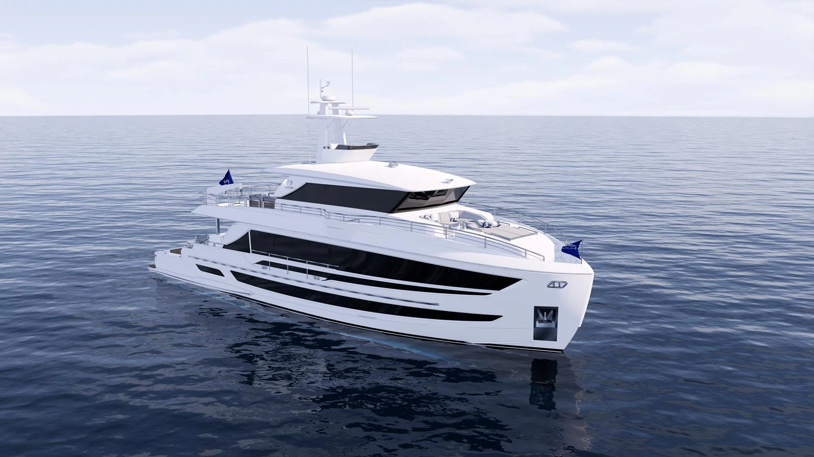A sleek and modern yacht glides gracefully on calm waters under a clear sky. aboard HORIZON FD85S Yacht for Sale
