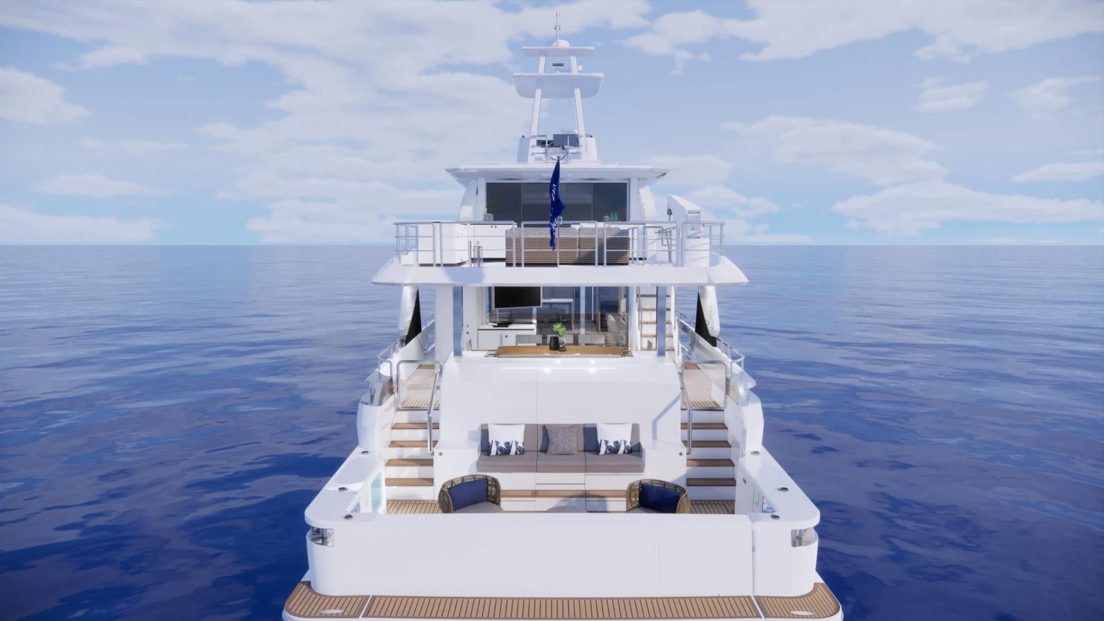A stunning view of the yacht's aft deck showcasing multiple levels and luxurious seating areas. aboard HORIZON FD85S Yacht for Sale