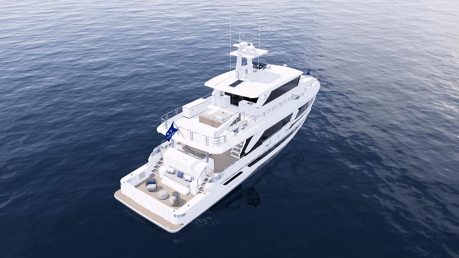 A luxurious yacht is anchored on calm waters, showcasing its spacious aft deck and sleek design. aboard HORIZON FD85S Yacht for Sale