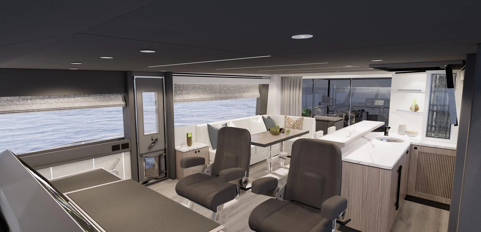 The yacht's helm features modern seating and a sleek, open layout with expansive windows offering stunning views. aboard HORIZON FD85S Yacht for Sale