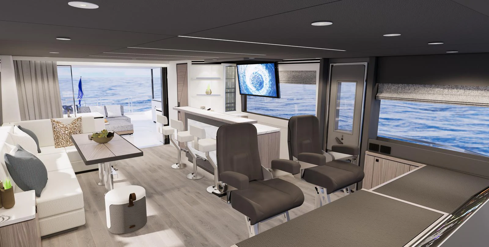 The yacht's salon offers a spacious and modern living area with comfortable seating and large windows providing stunning ocean views. aboard HORIZON FD85S Yacht for Sale