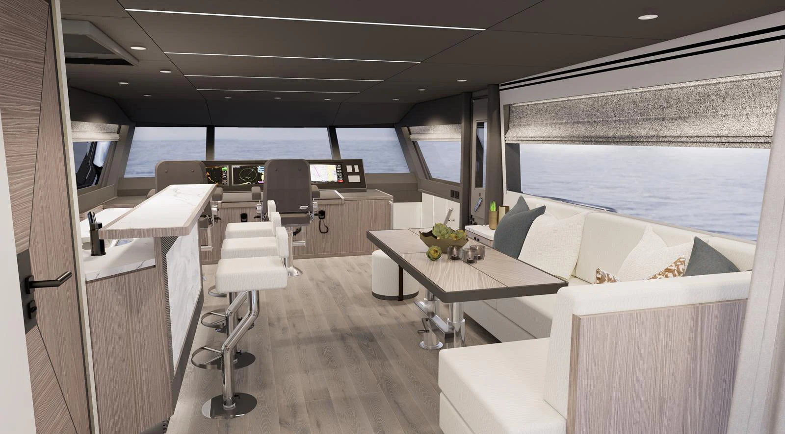 The salon features a modern design with a spacious seating area and a well-equipped helm station. aboard HORIZON FD85S Yacht for Sale