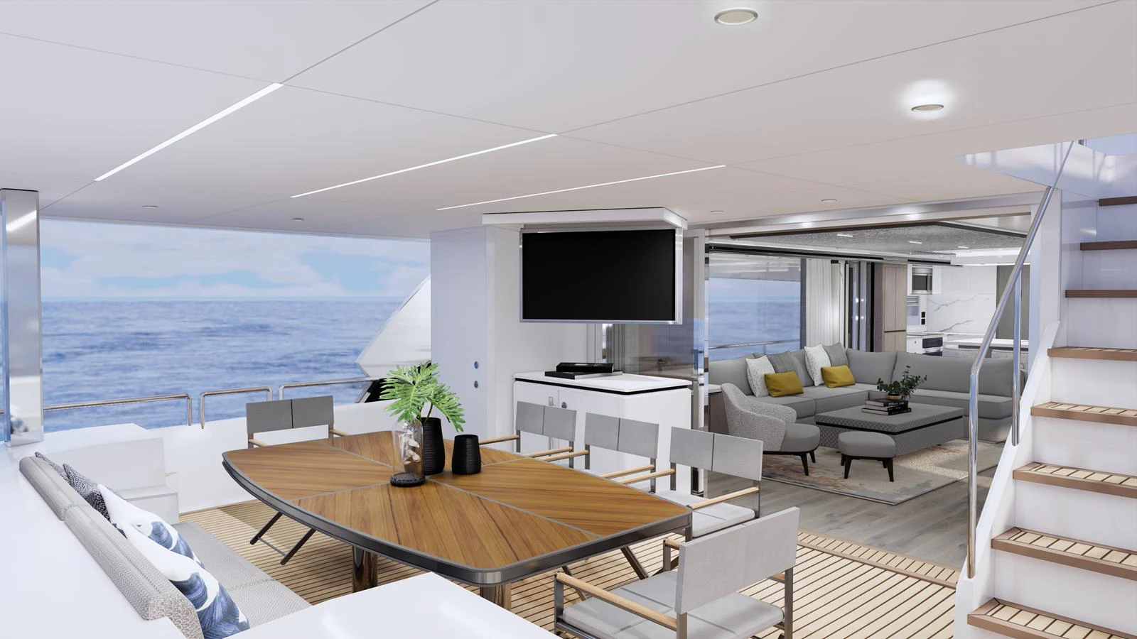 The yacht's salon offers a spacious and modern living area with ample seating and a dining table. aboard HORIZON FD85S Yacht for Sale