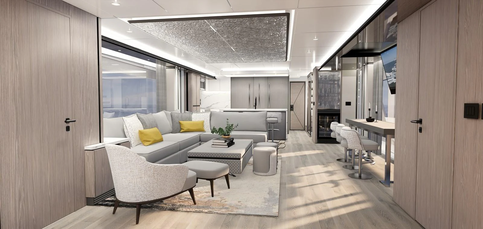 The salon features a contemporary design with ample seating and modern decor. aboard HORIZON FD85S Yacht for Sale
