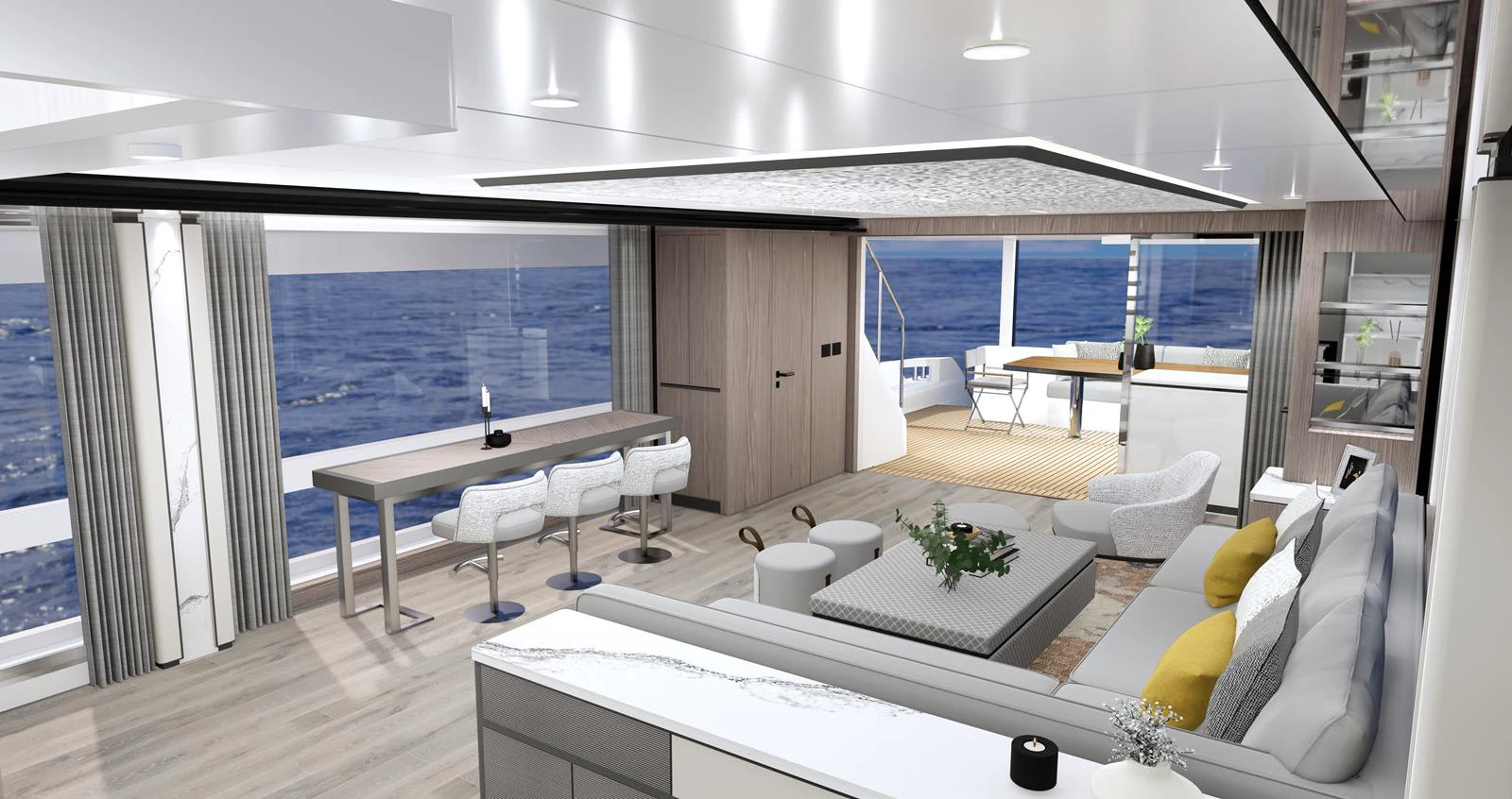 The salon features modern furnishings with panoramic ocean views. aboard HORIZON FD85S Yacht for Sale
