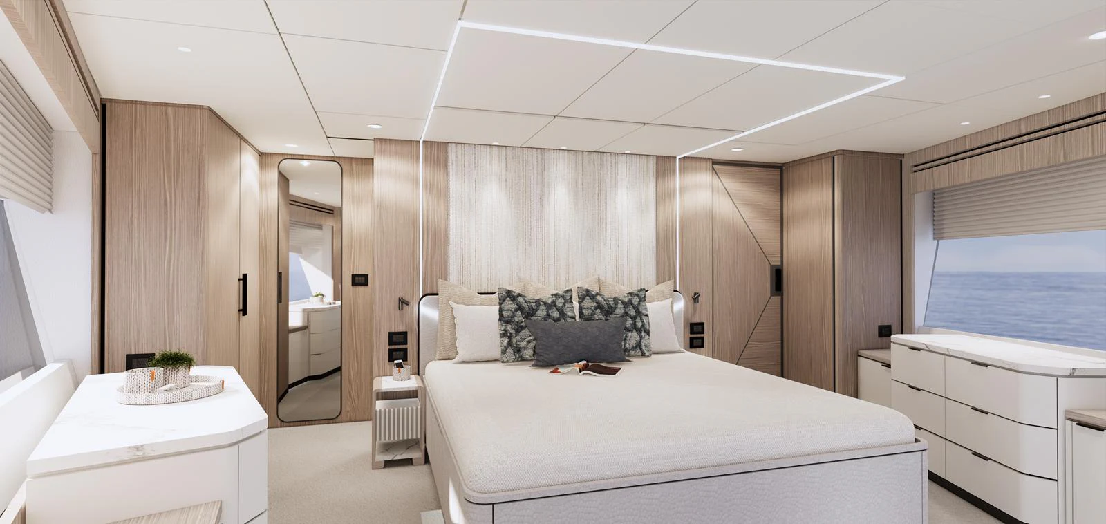 The master stateroom features a spacious bed with elegant decor and ample natural light. aboard HORIZON FD85S Yacht for Sale