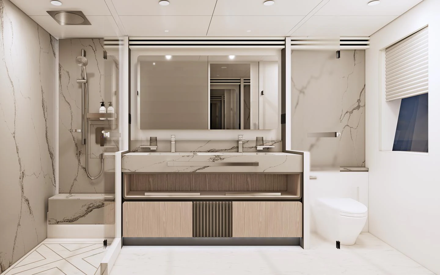 A luxurious yacht bathroom featuring modern fixtures and elegant marble surfaces. aboard HORIZON FD85S Yacht for Sale
