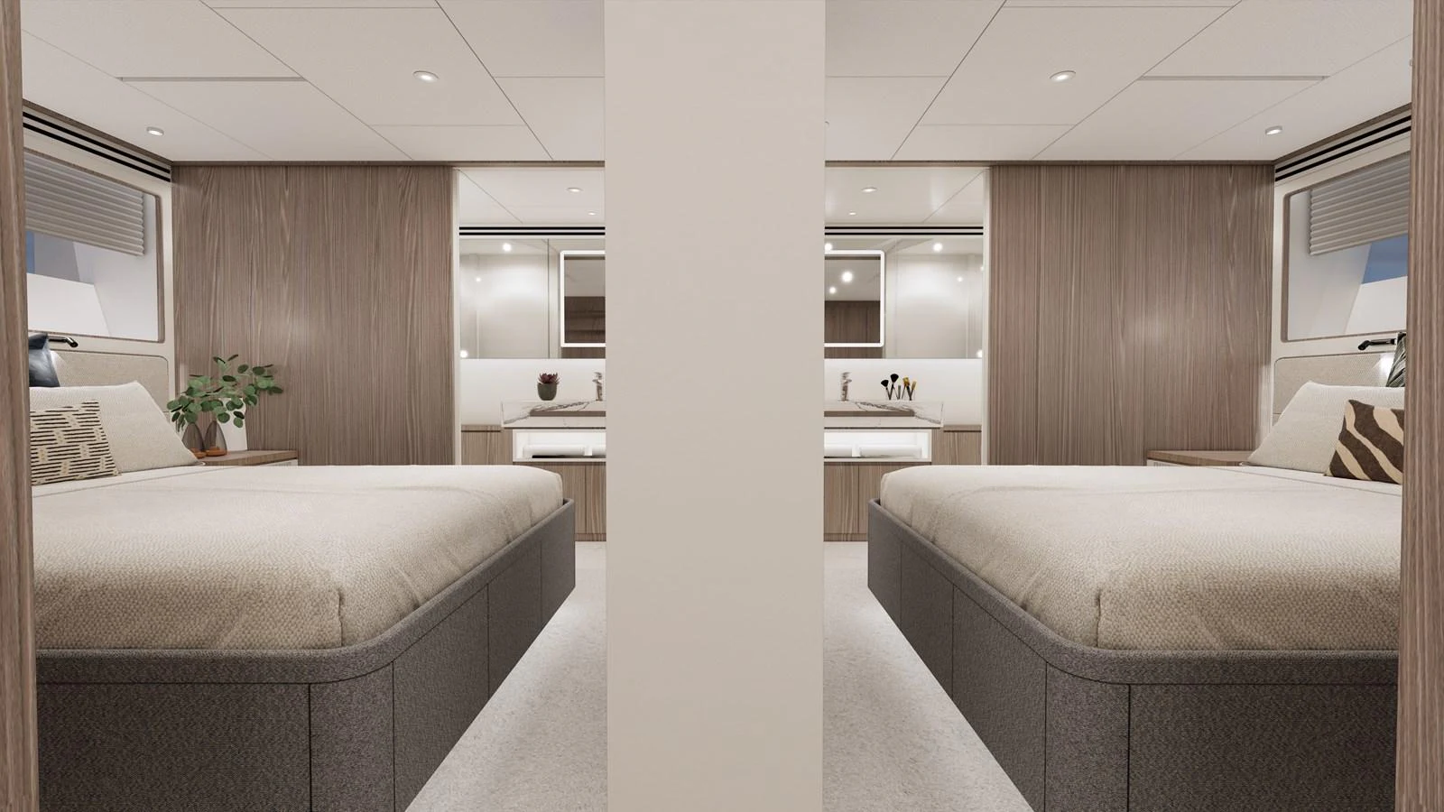 The guest stateroom features two comfortable beds with modern decor and ample lighting. aboard HORIZON FD85S Yacht for Sale