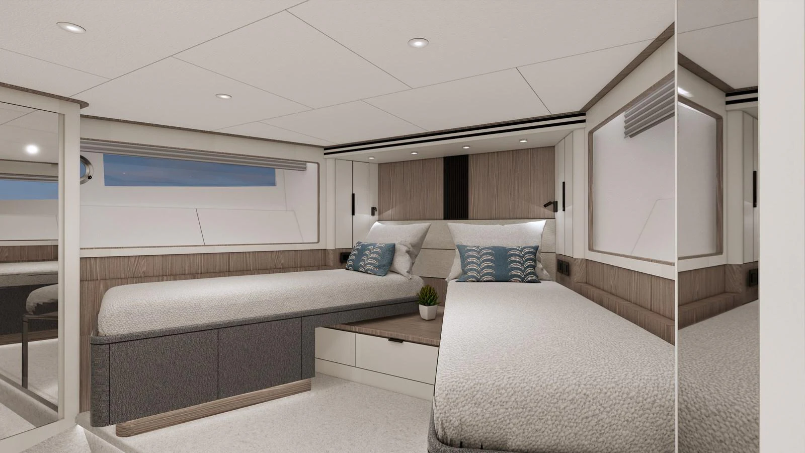 The guest cabin features twin beds with a modern, minimalist design and ample natural light. aboard HORIZON FD85S Yacht for Sale