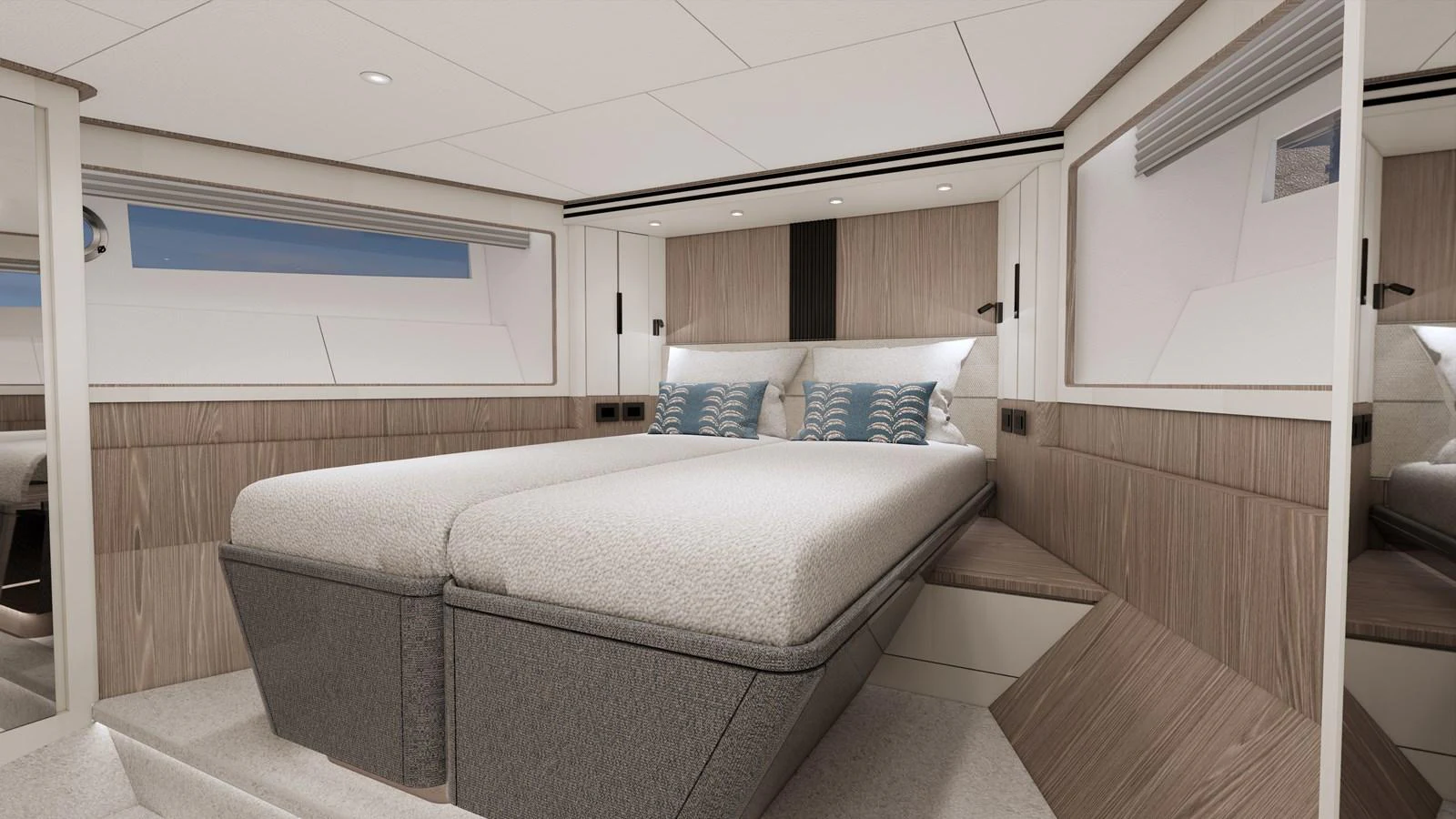 The stateroom features a comfortable double bed with modern decor and ample natural light. aboard HORIZON FD85S Yacht for Sale