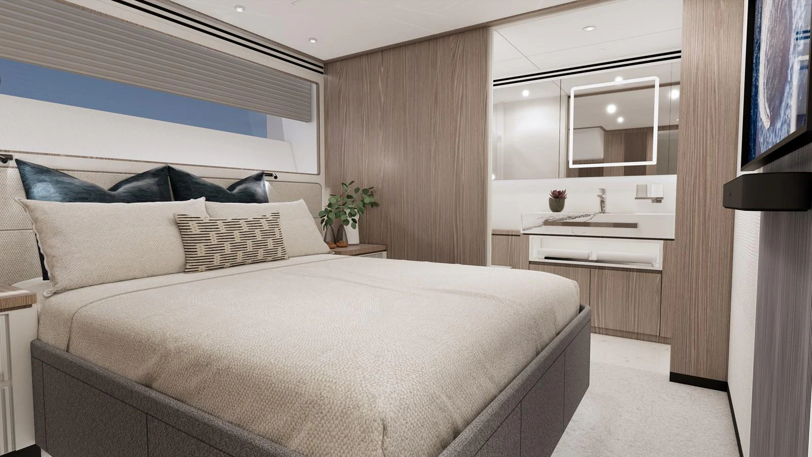 A luxurious stateroom featuring a comfortable bed and modern decor. aboard HORIZON FD85S Yacht for Sale