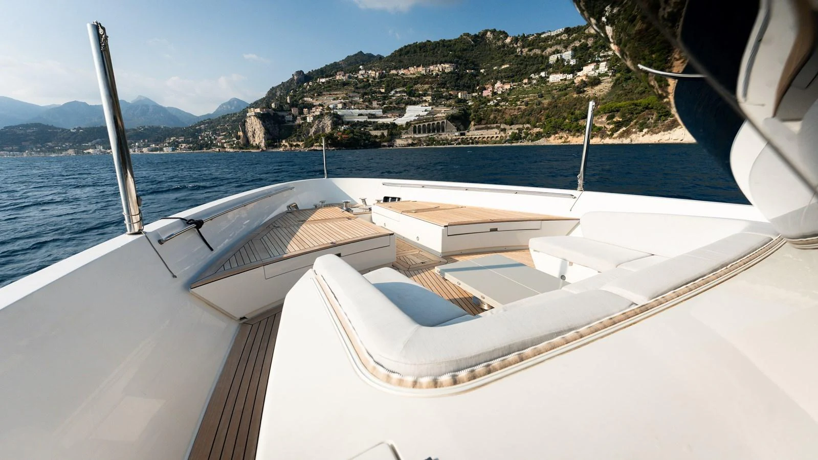 The foredeck offers a spacious and inviting area for relaxation with stunning views of the coastline. aboard LA Yacht for Sale