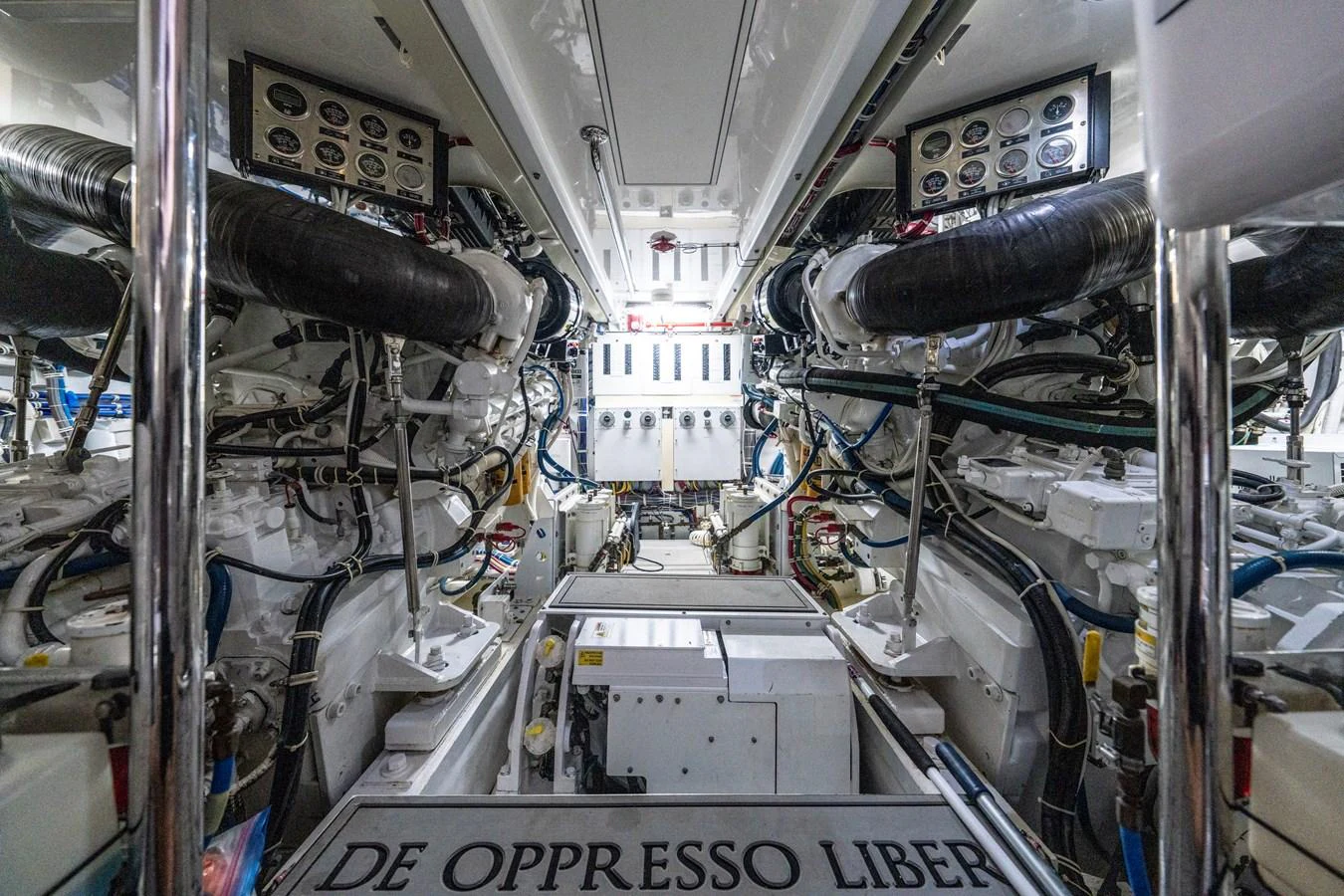 The engine room showcases the yacht's powerful and meticulously maintained machinery. aboard REEL TEXAN Yacht for Sale