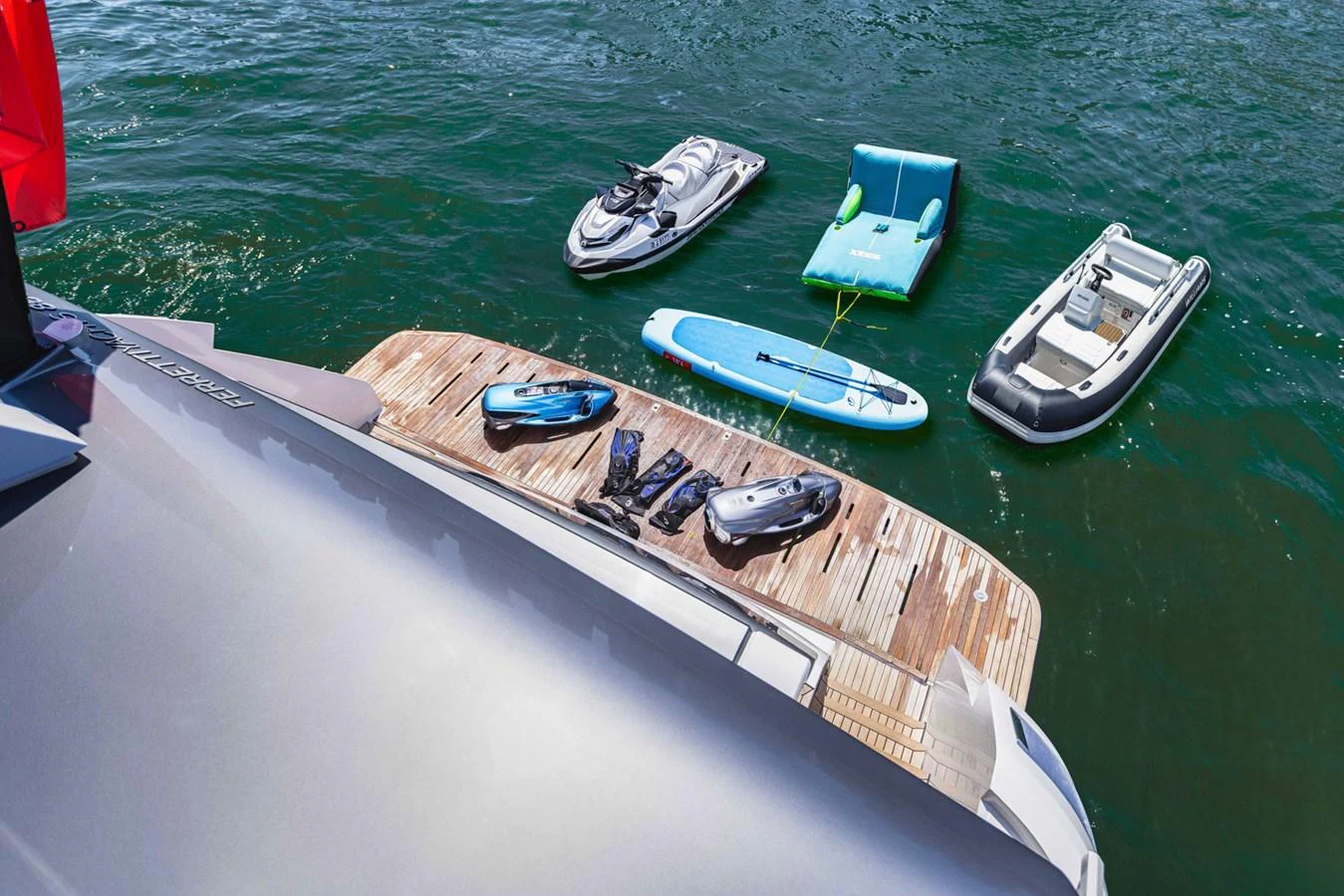 A selection of water toys and equipment are ready for use on the yacht's swim platform. aboard CYRUS Yacht for Sale