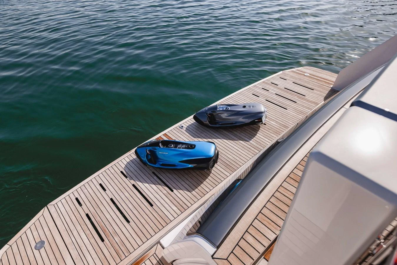 The swim platform features sleek, modern water toys ready for adventure. aboard CYRUS Yacht for Sale