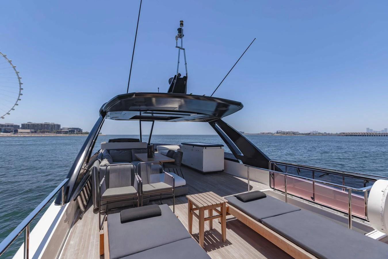 The sundeck offers a spacious and luxurious area for relaxation with panoramic views of the sea. aboard BELLA III Yacht for Sale
