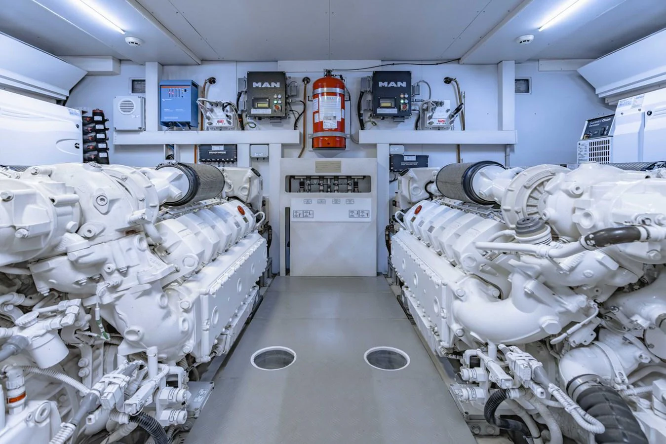 The engine room showcases powerful and meticulously maintained machinery. aboard BELLA III Yacht for Sale