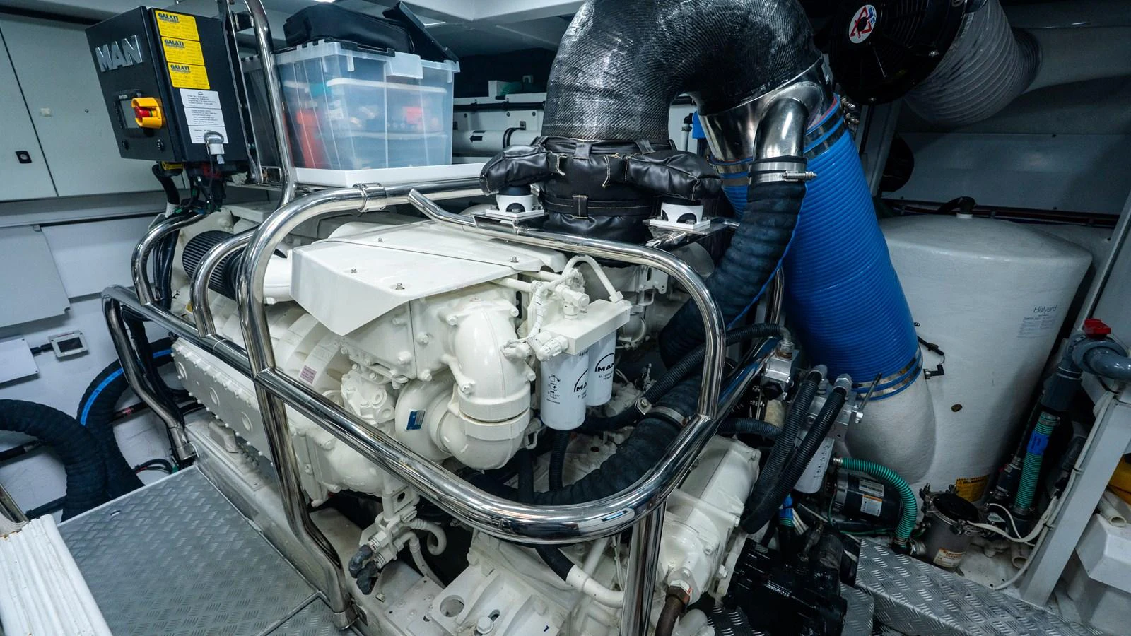 The image showcases the yacht's well-maintained engine room with advanced machinery. aboard PARAGON Yacht for Sale