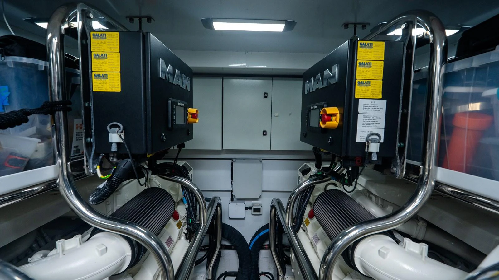 The engine room showcases powerful MAN engines and a well-organized layout. aboard PARAGON Yacht for Sale