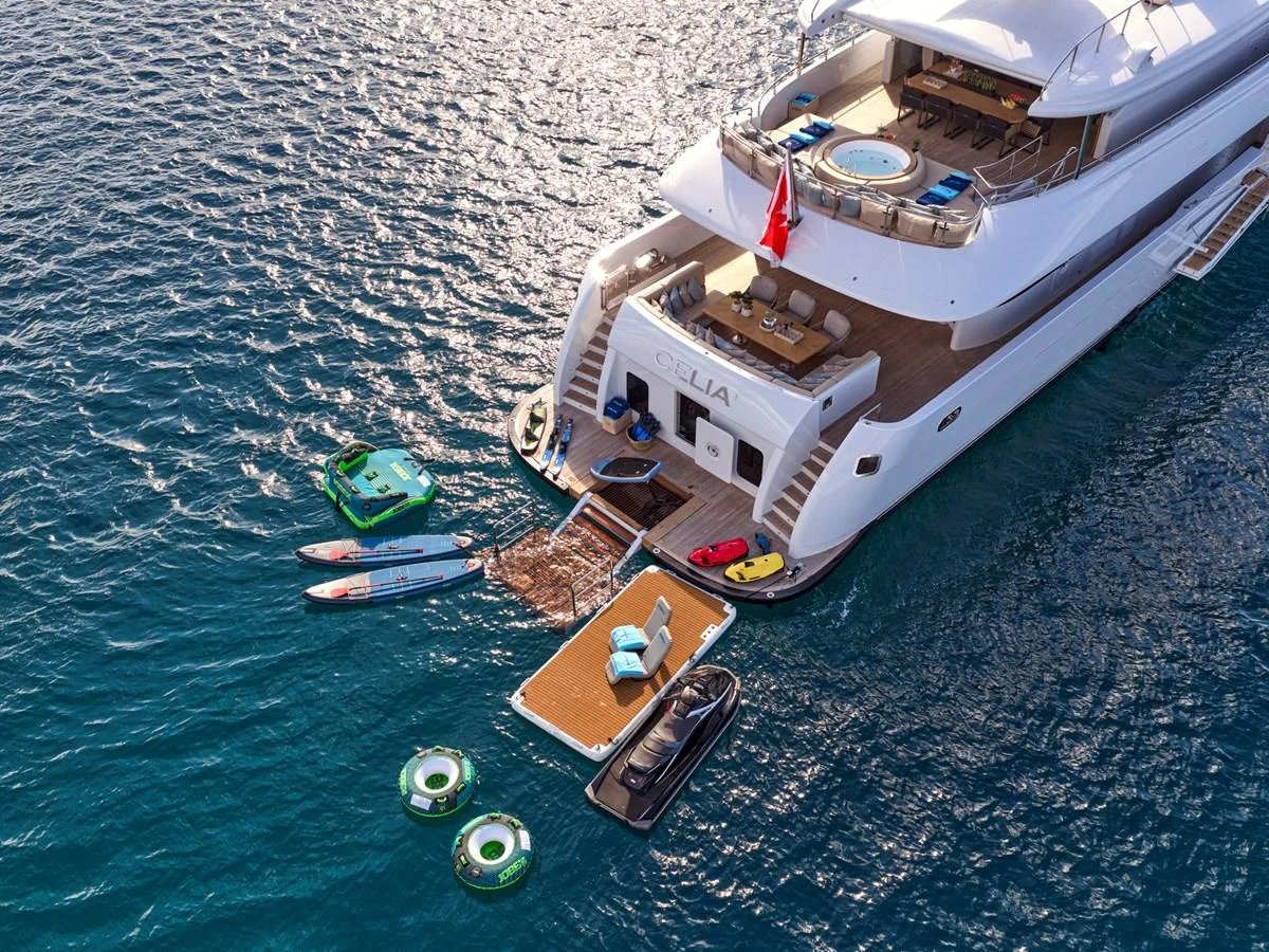 The yacht's swim platform is equipped with various water toys and lounging areas for ultimate relaxation and fun. aboard ULYSSES Yacht for Sale