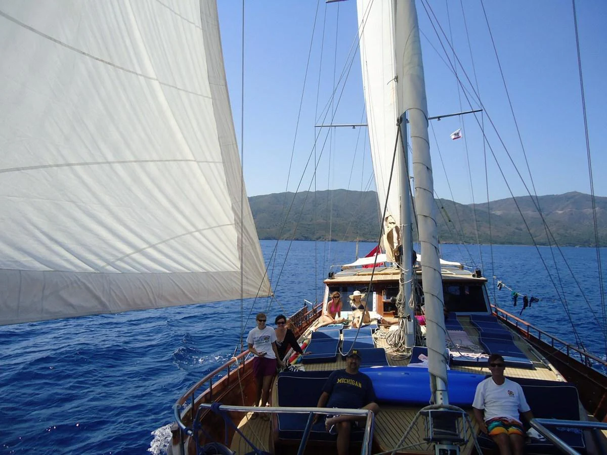 A group of people enjoy a sunny day on the deck of a sailing yacht with scenic views of the sea and mountains. aboard TRIPPIN Yacht for Sale