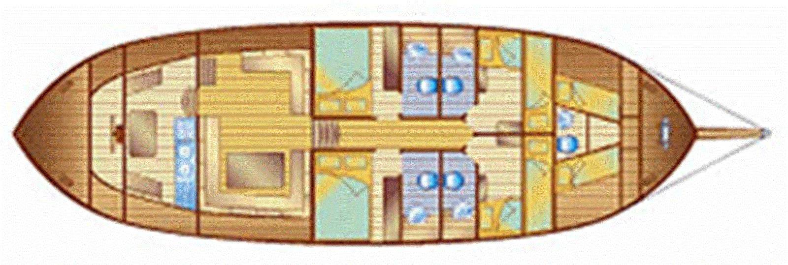 This image shows the detailed deck plan of the yacht, highlighting the layout and arrangement of rooms and amenities. aboard TRIPPIN Yacht for Sale