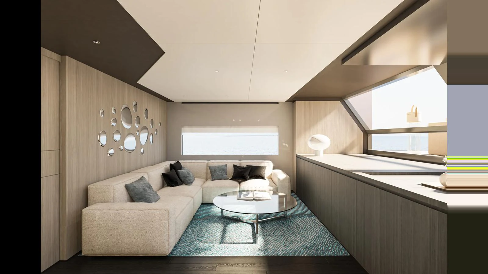 A modern and elegant yacht interior with a cozy seating area and stylish decor. aboard MANDAYACHT E 09 Yacht for Sale
