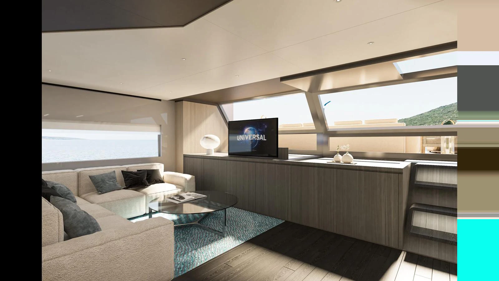 The yacht's salon features a comfortable seating area with a modern design and ample natural light. aboard MANDAYACHT E 09 Yacht for Sale