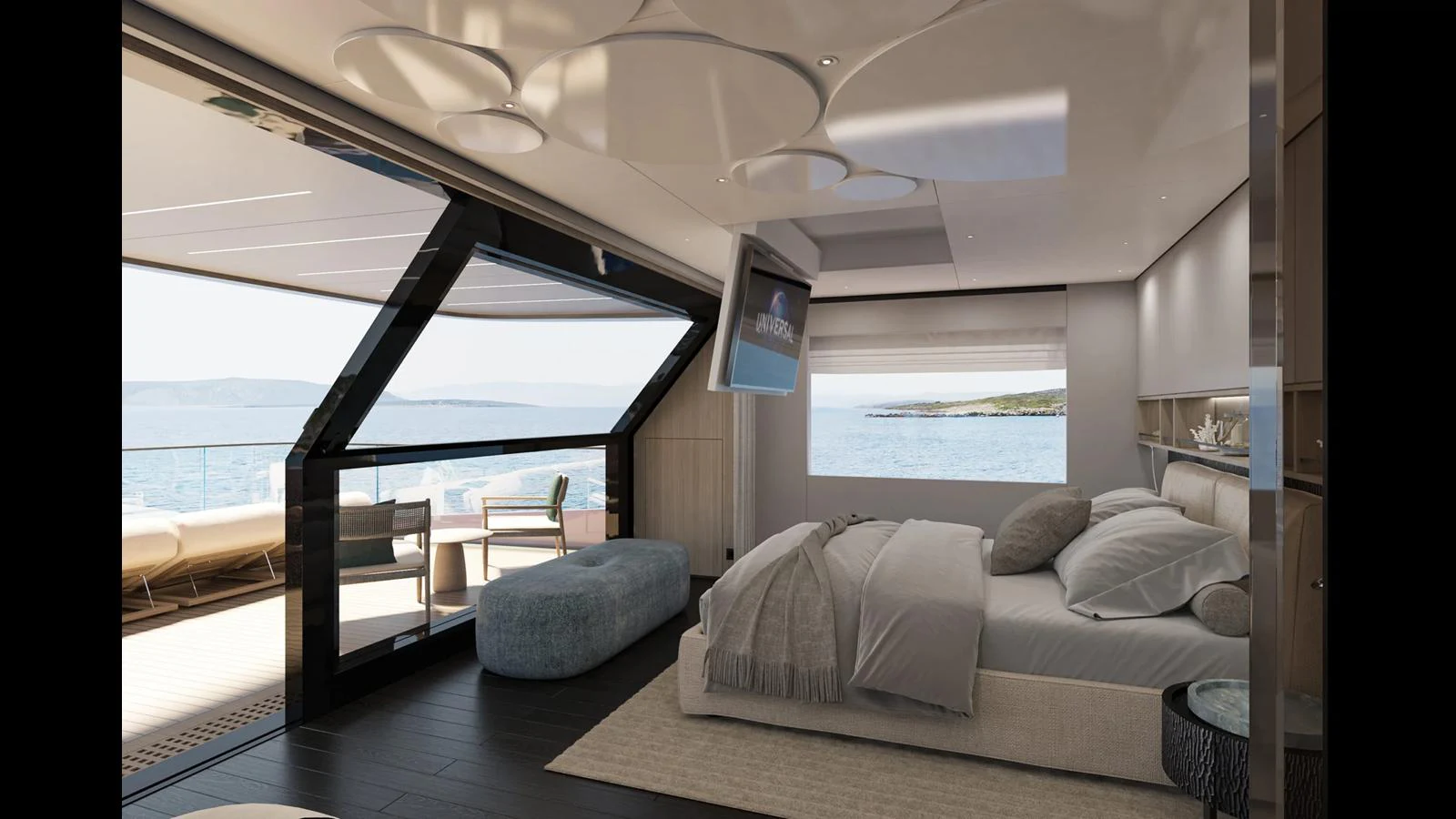 The master stateroom offers a luxurious and serene retreat with panoramic views and modern decor. aboard MANDAYACHT E 09 Yacht for Sale