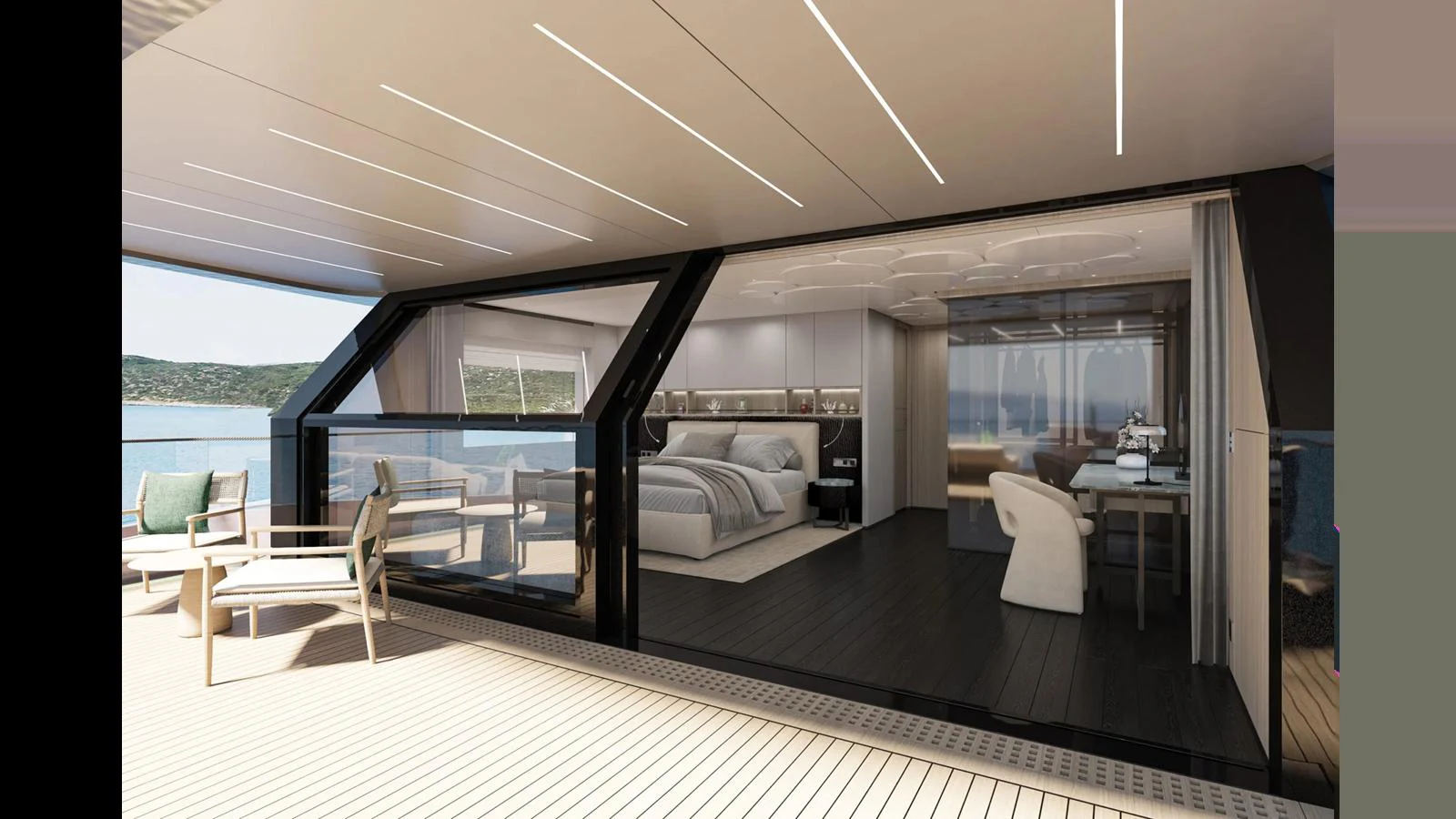 The master stateroom offers a luxurious and spacious retreat with stunning views. aboard MANDAYACHT E 09 Yacht for Sale