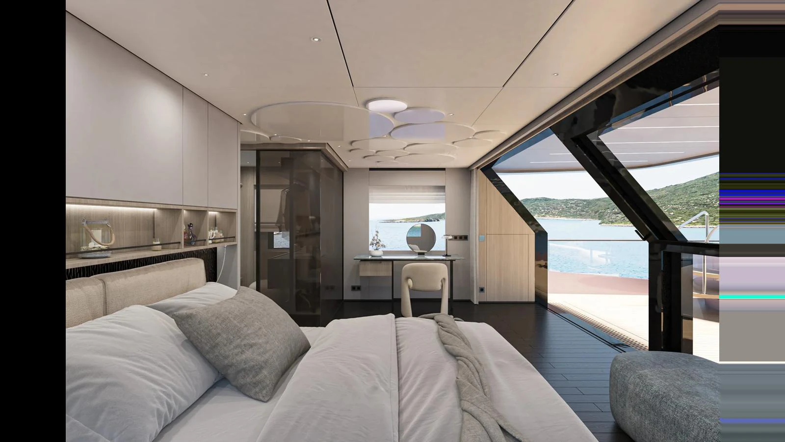 A luxurious stateroom with a stunning view of the water through large windows. aboard MANDAYACHT E 09 Yacht for Sale