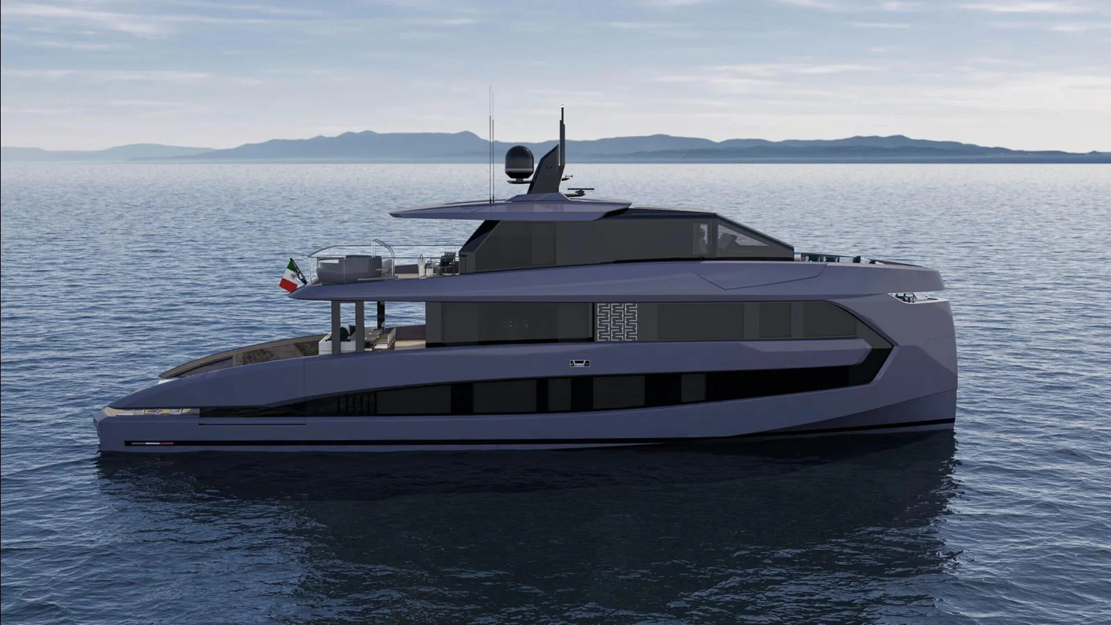 A sleek and modern yacht glides gracefully on calm waters with a stunning backdrop of distant mountains. aboard MANDAYACHT E 09 Yacht for Sale