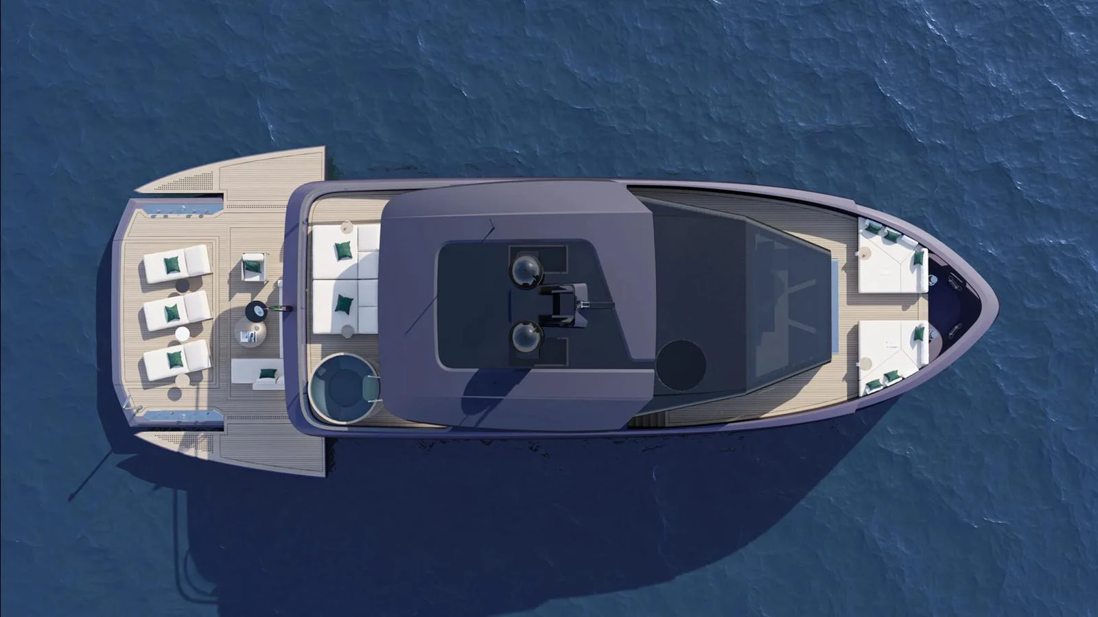 An aerial view of a sleek yacht showcasing its spacious deck and modern design. aboard MANDAYACHT E 09 Yacht for Sale