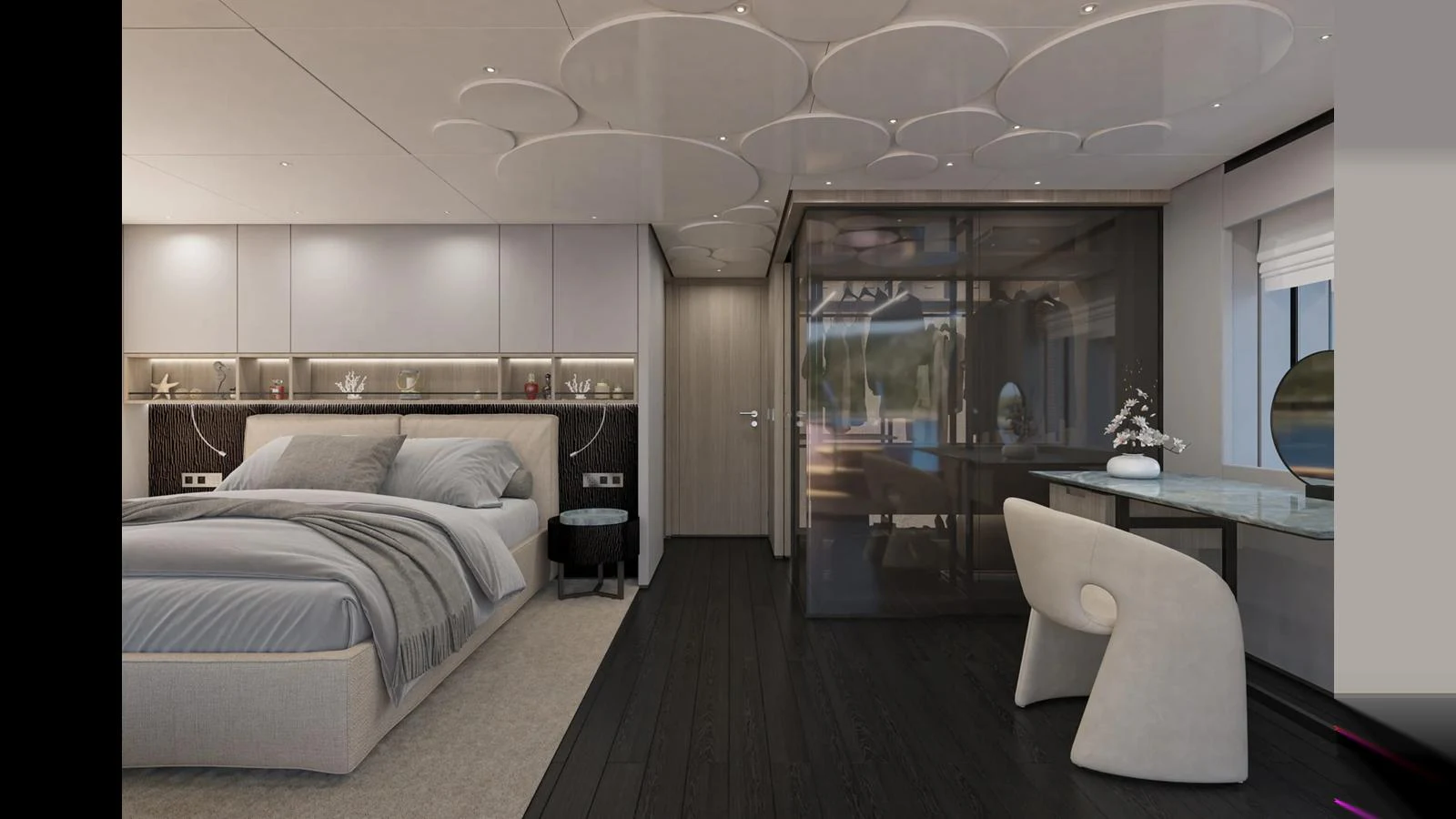 The master stateroom features a luxurious bed, modern decor, and a stylish workspace. aboard MANDAYACHT E 09 Yacht for Sale