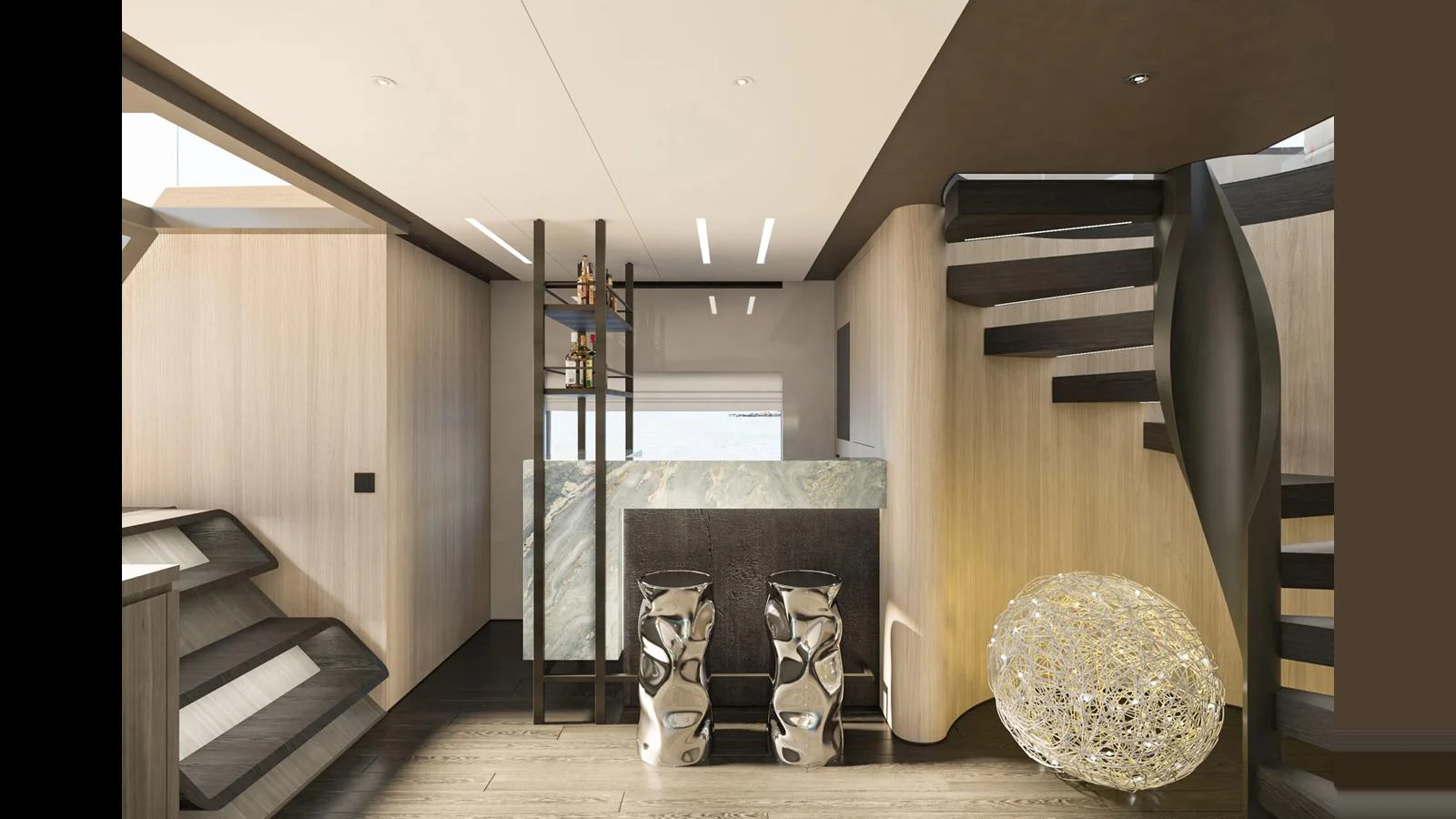 The yacht's interior features a modern design with stylish furniture and a spiral staircase. aboard MANDAYACHT E 09 Yacht for Sale